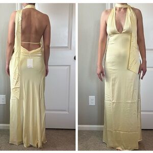 Peppermayo butter yellow satin halter open back scarf neck maxi dress Small NWT